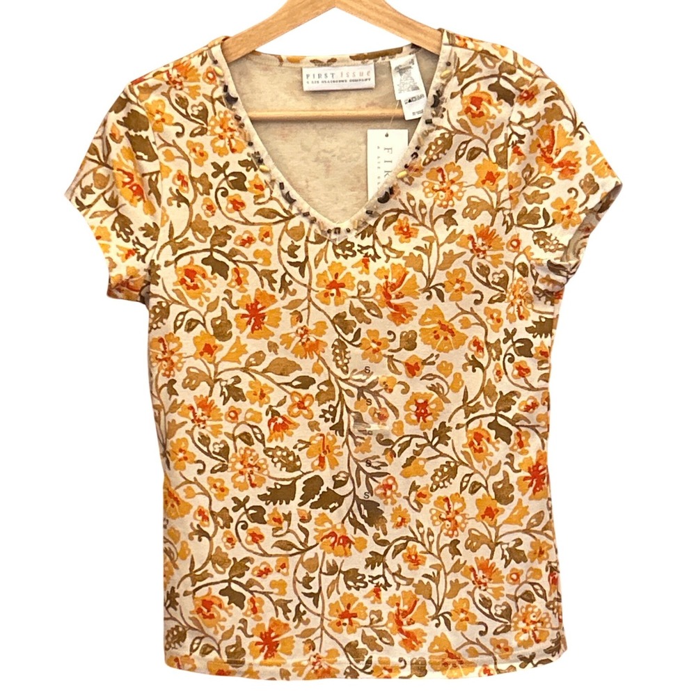 Vintage 90s First Issue Liz Claiborne Floral V-Neck Top Cottagecore Boho Earthy